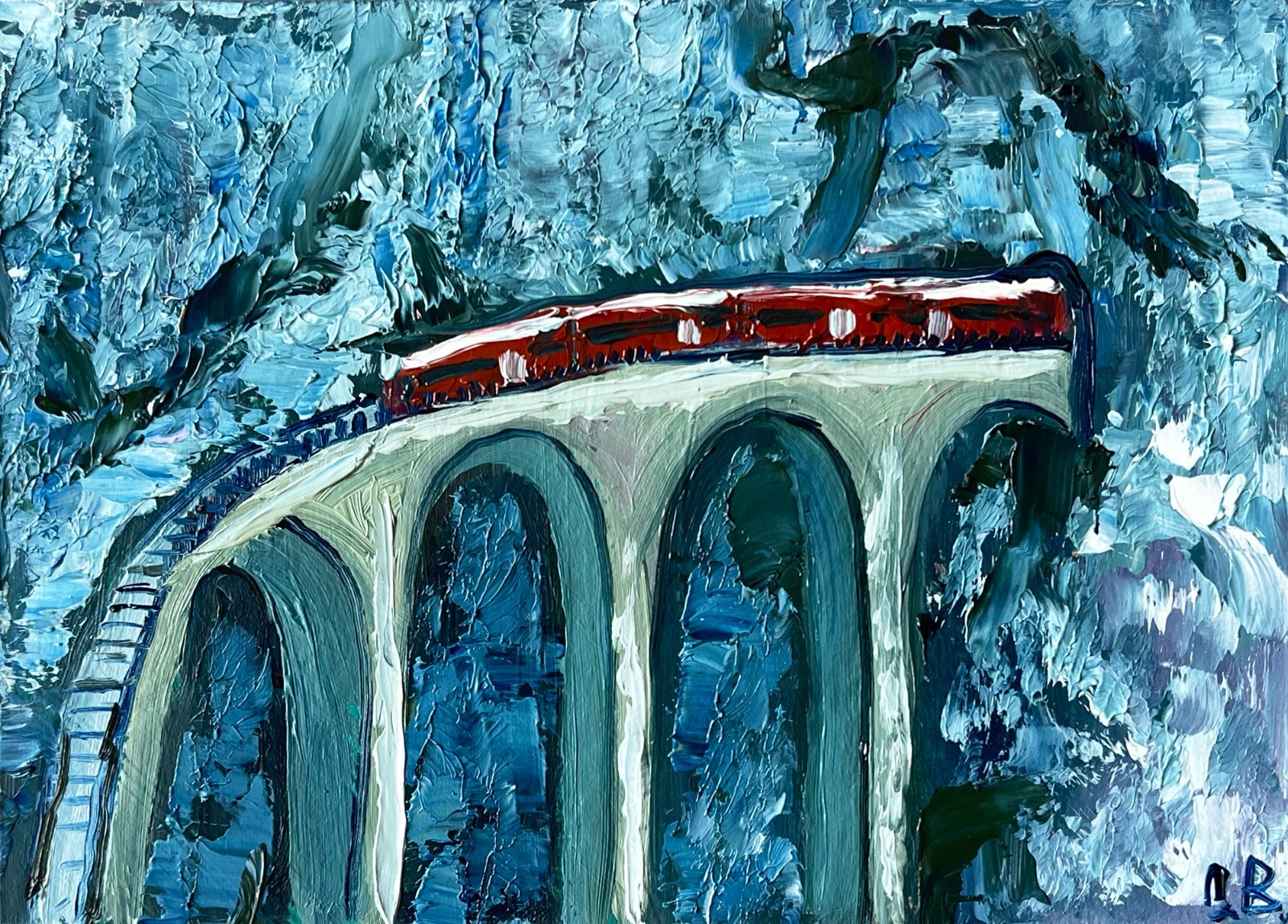 Bernina Train Painting Swiss Alps Original Art Impasto Oil Painting 5×7″ signed