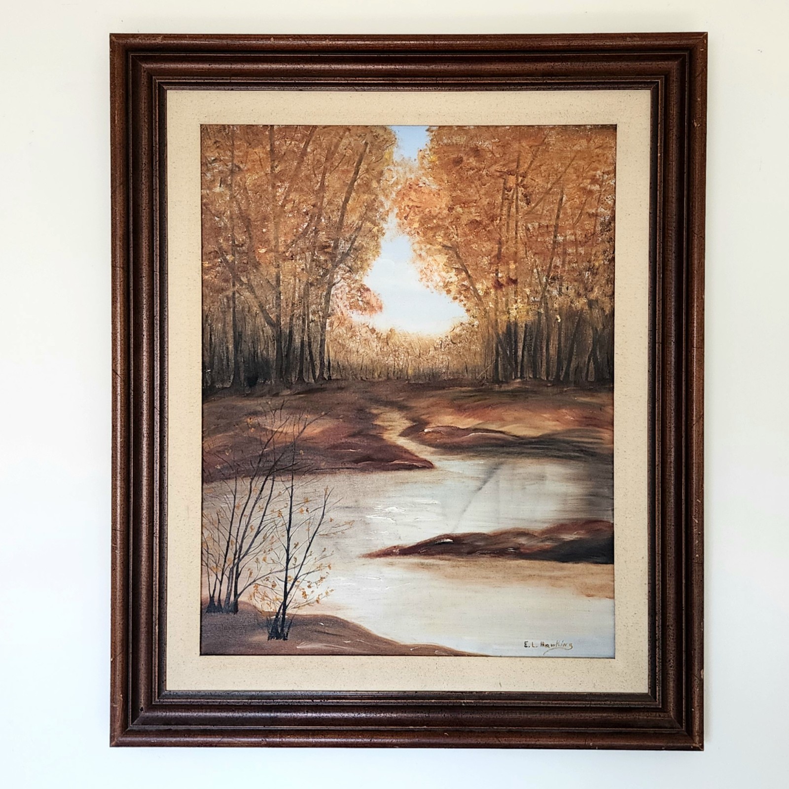 Large Vintage E.L. Hawking Oil Painting Autumn Forest River Signed MCM 30×36 Art