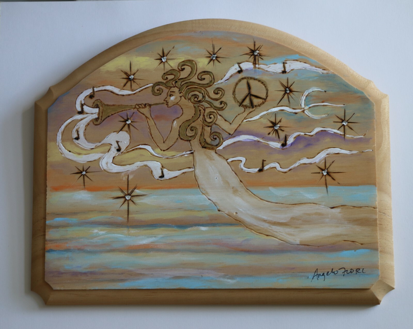 Angel of Peace ,painted wood & wood burning, 9″ x 11″