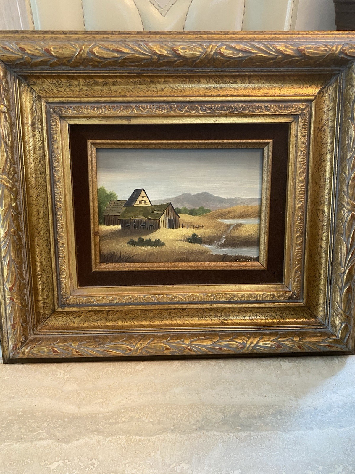 Vtg Orig Oil Painting Signed Cottage Moody Western Landscape Barn Wood Frame