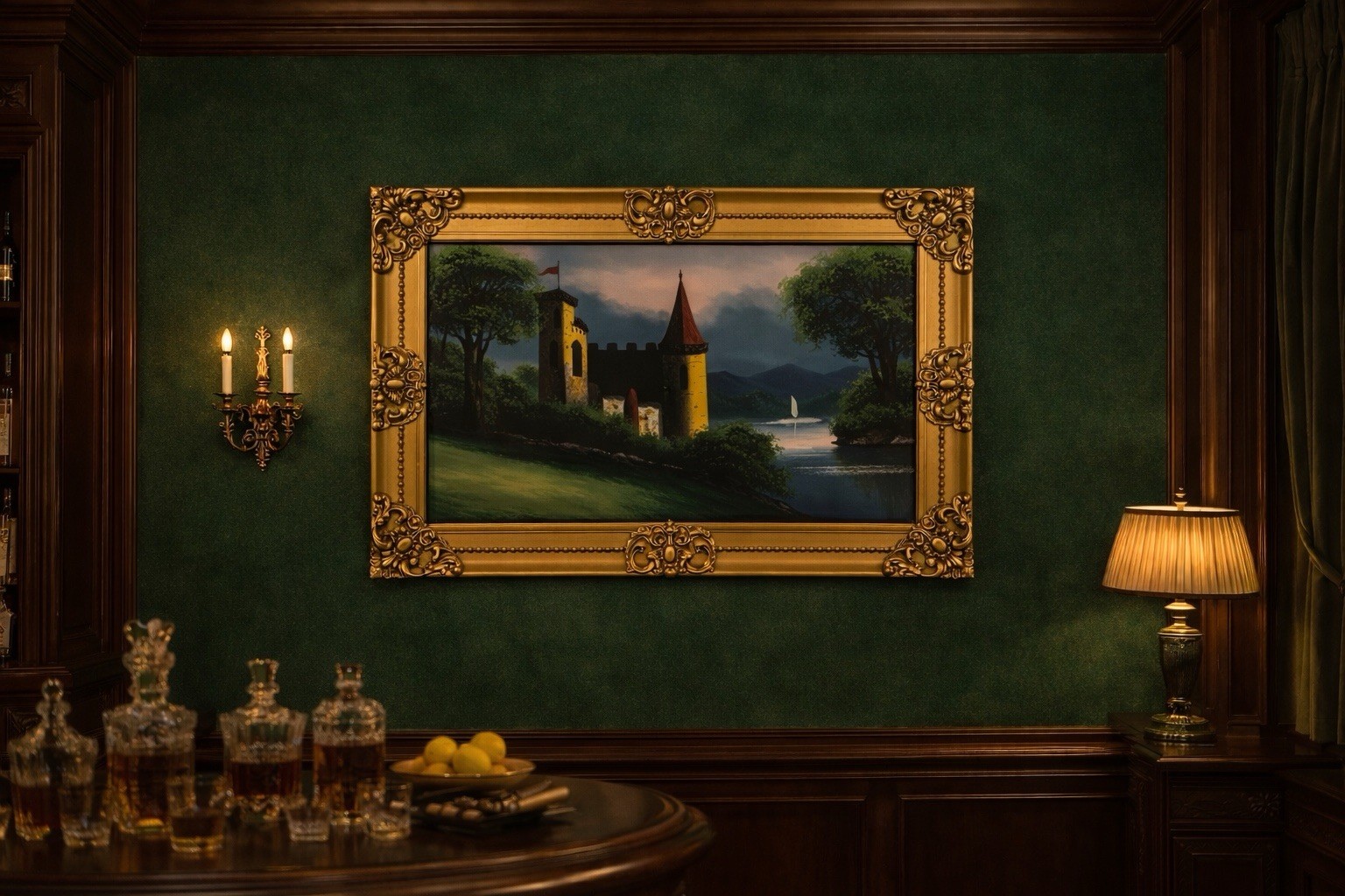 Antique Reverse Glass Painting – Castle Landscape in Ornate Gold Frame