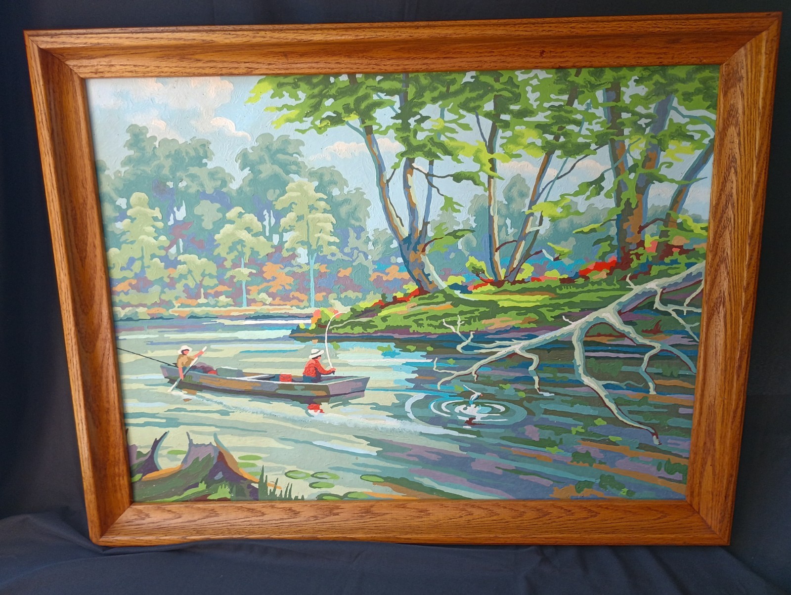 RARE VTG Framed Paint by Numbers «The Old Fishing Hole» Landscape Oil Painting