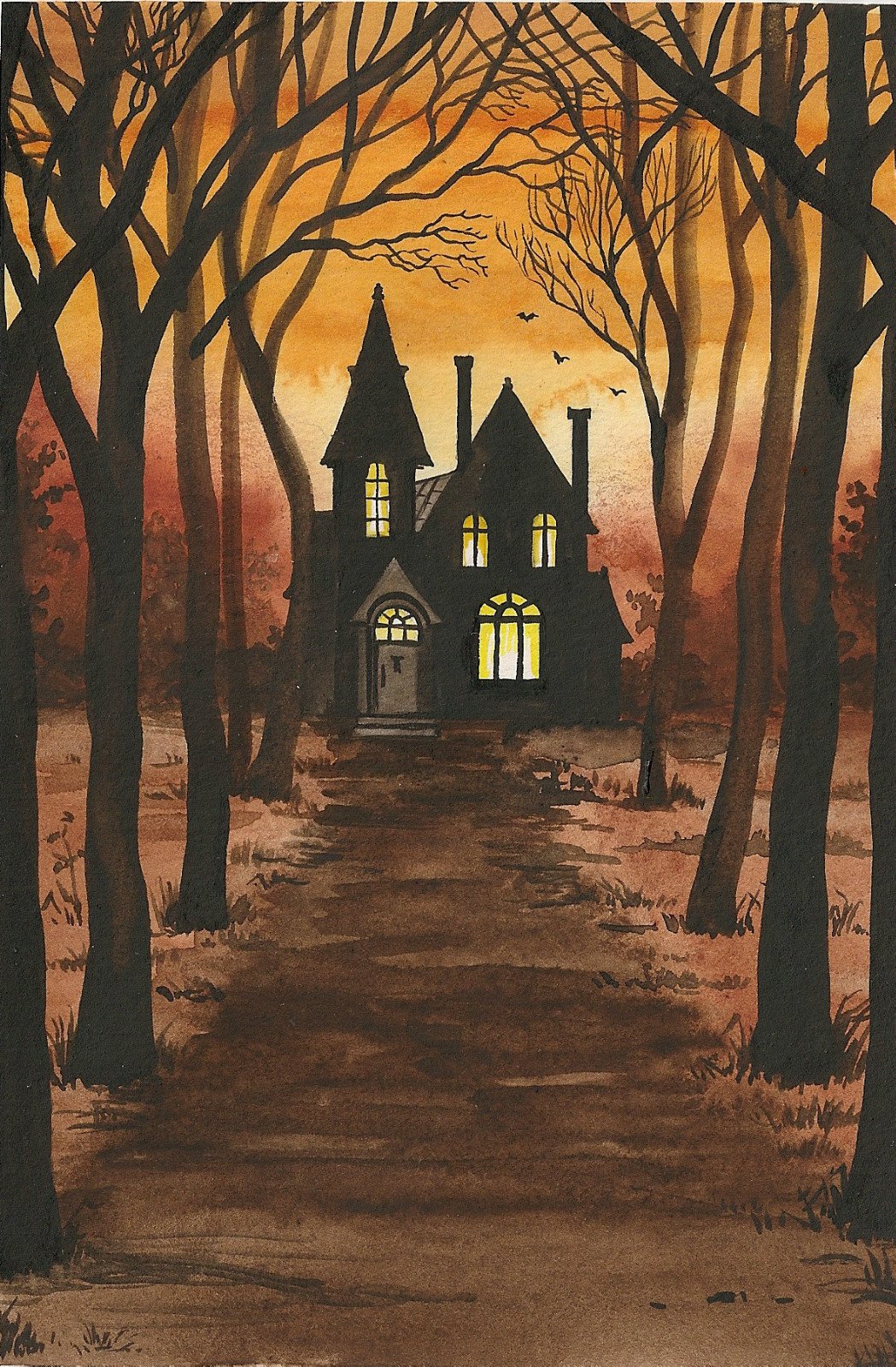 4X6 PRINT OF HALLOWEEN PAINTING RYTA HAUNTED HOUSE VINTAGE STYLE MANOR FOLK ART