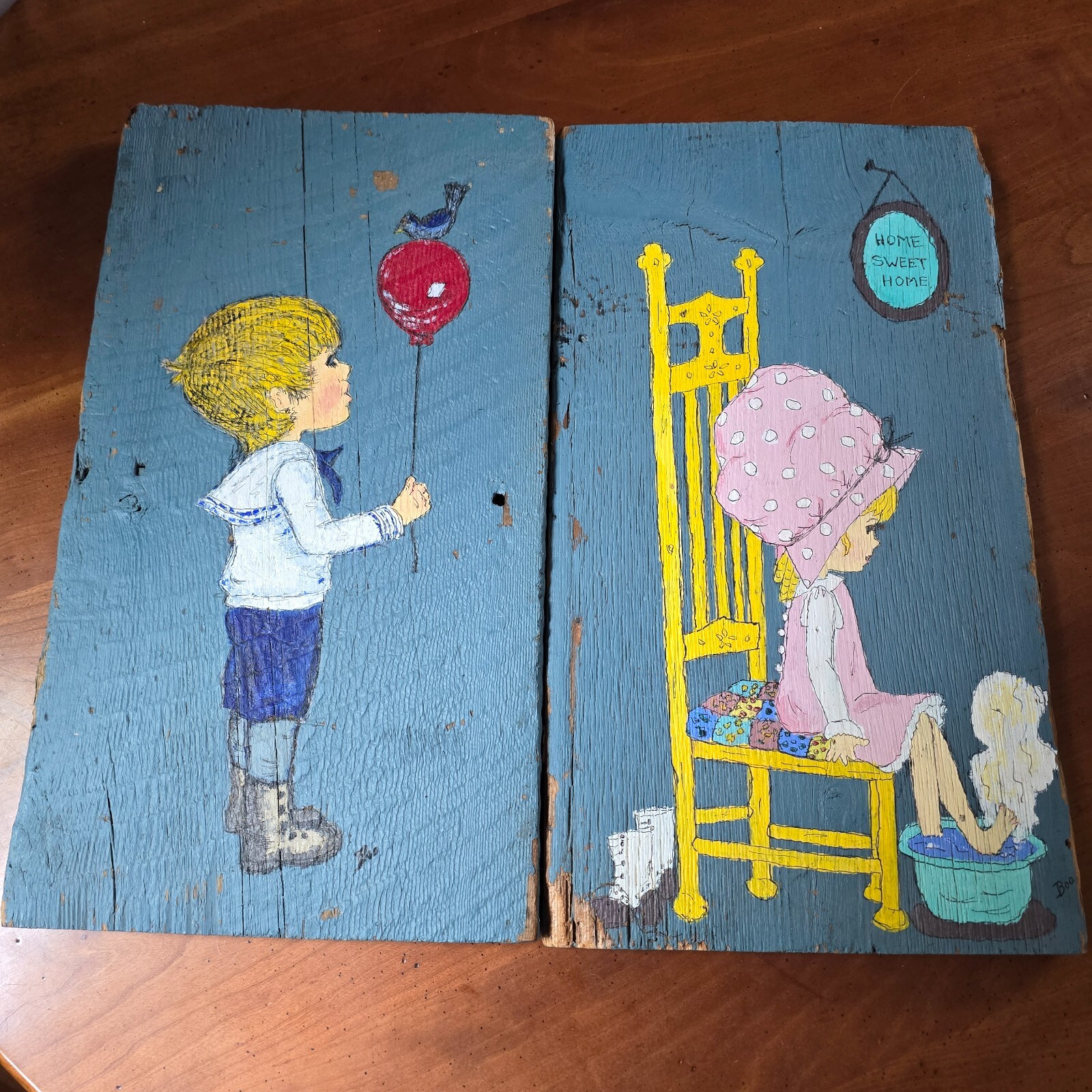 Vintage Decorative Rustic Wood Painting of Boy & Girl for Hanging Signed Boo 2pc