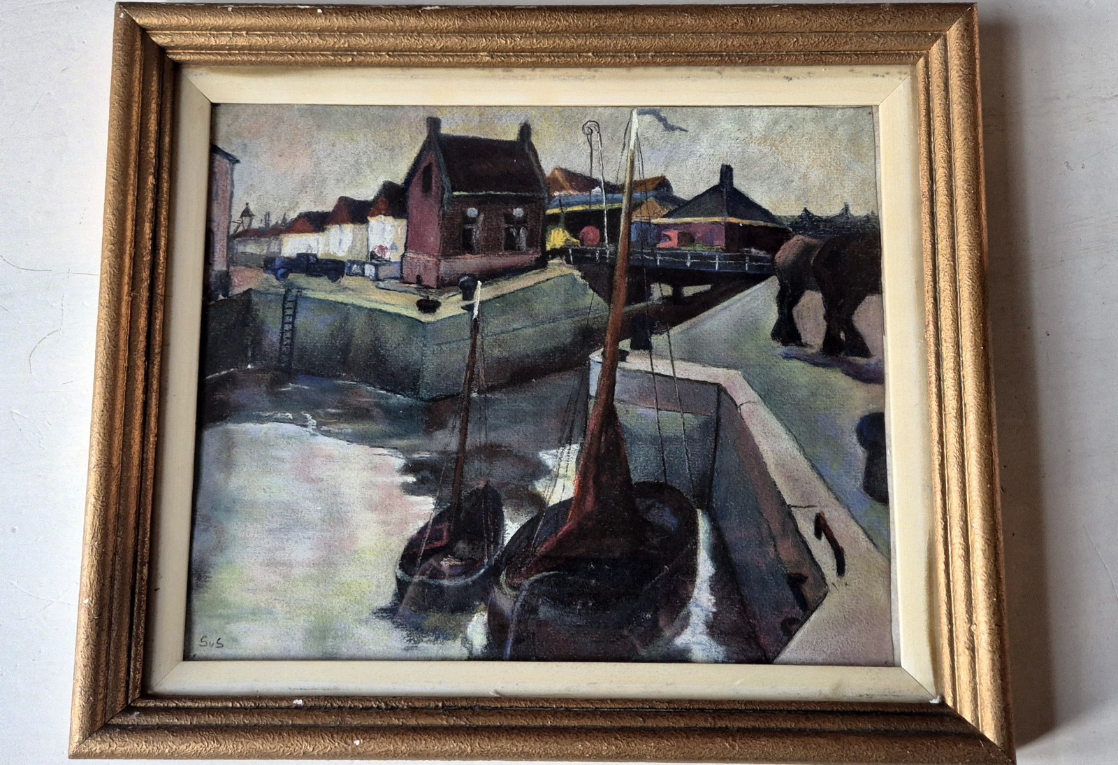 Dutch school, unknown modern painting, Village harbour & horses, 1950(?)