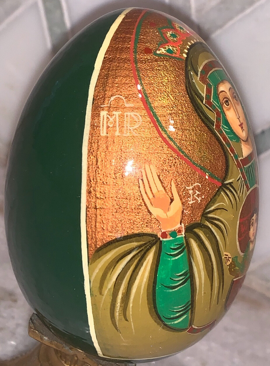 Original Russian Madonna Child Painted Egg Folk Art 3.75”T Signed Religious
