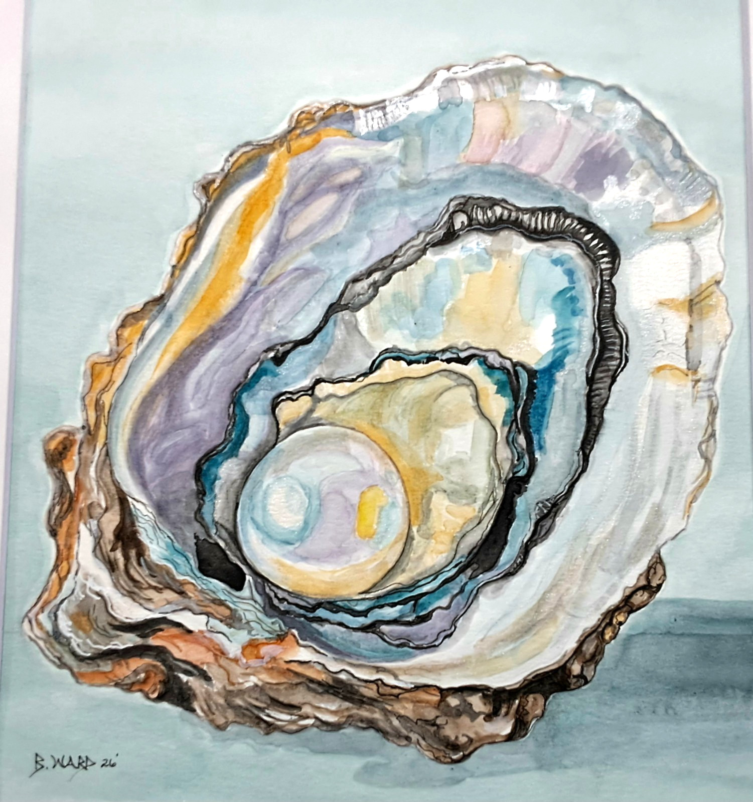 Oyster shell With Pearl Original watercolor 10″ x 8″ in acid free beveled mat
