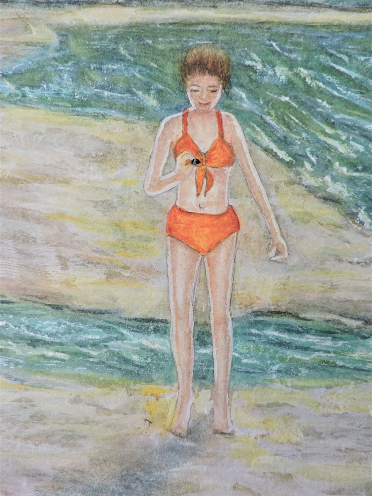 «Finding an Unusual Shell» Original Watercolor Painting Water Beach Girl