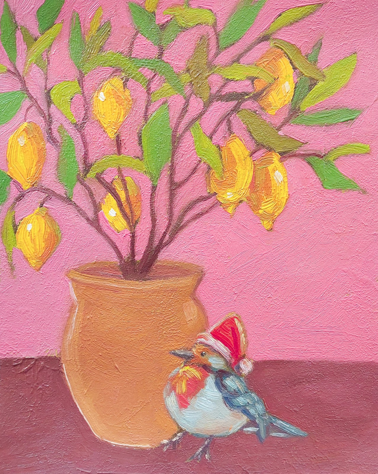 Fruit Still life Lemon Tree and Robin Bird Original Oil Painting on Paper Framed