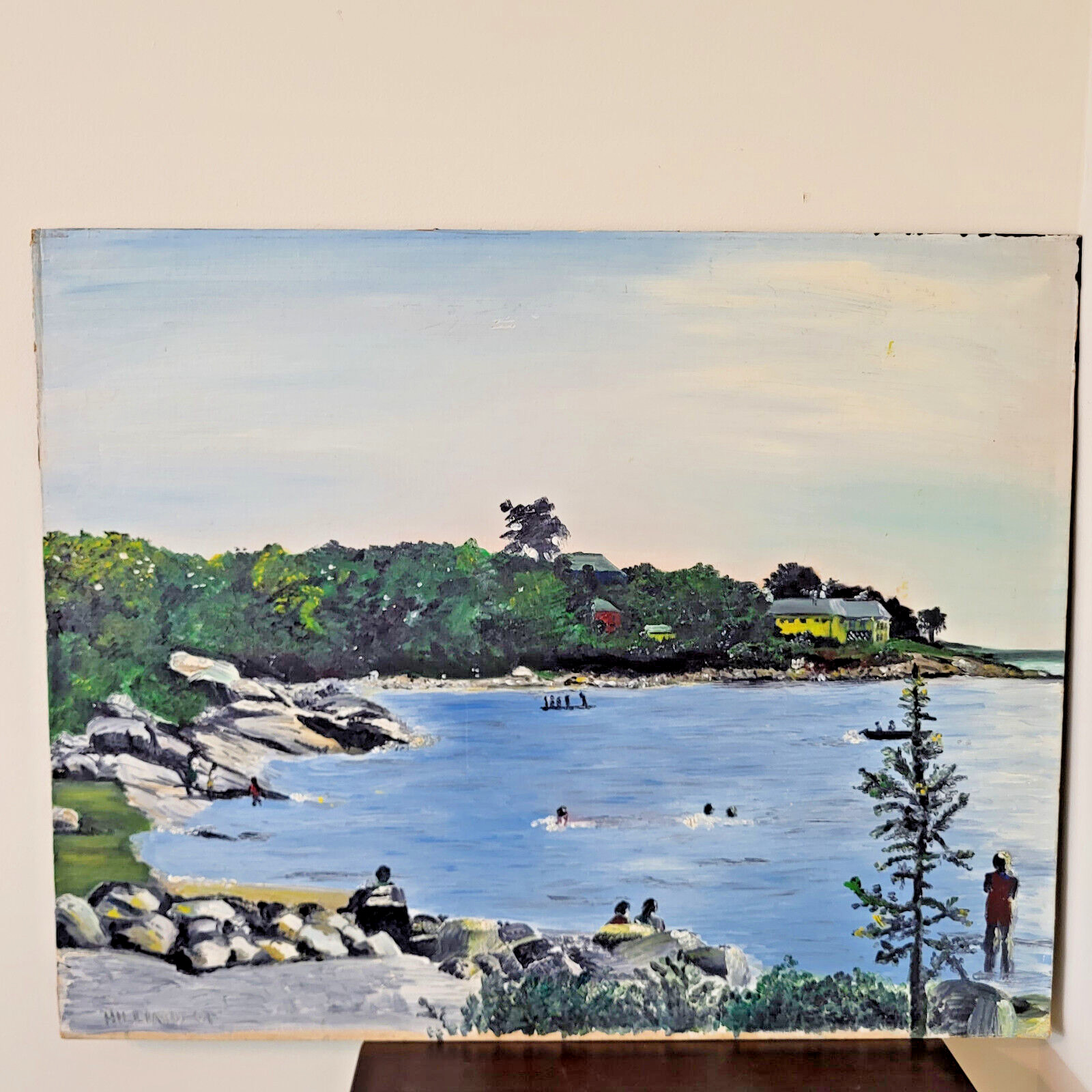 Vintage Lg Unframed Naive/Impressionist Painting People Relaxing at Lake 32×24