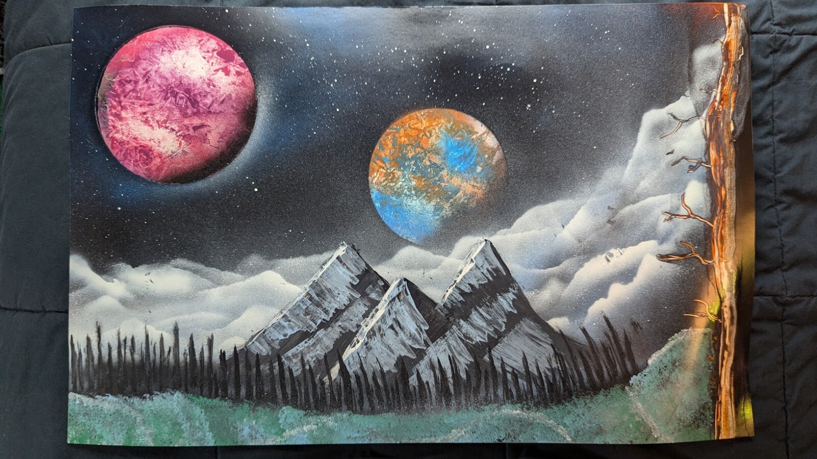 Outer Space Mountains Spray Paint Art Poster-board (Stars, Planets, Clouds)