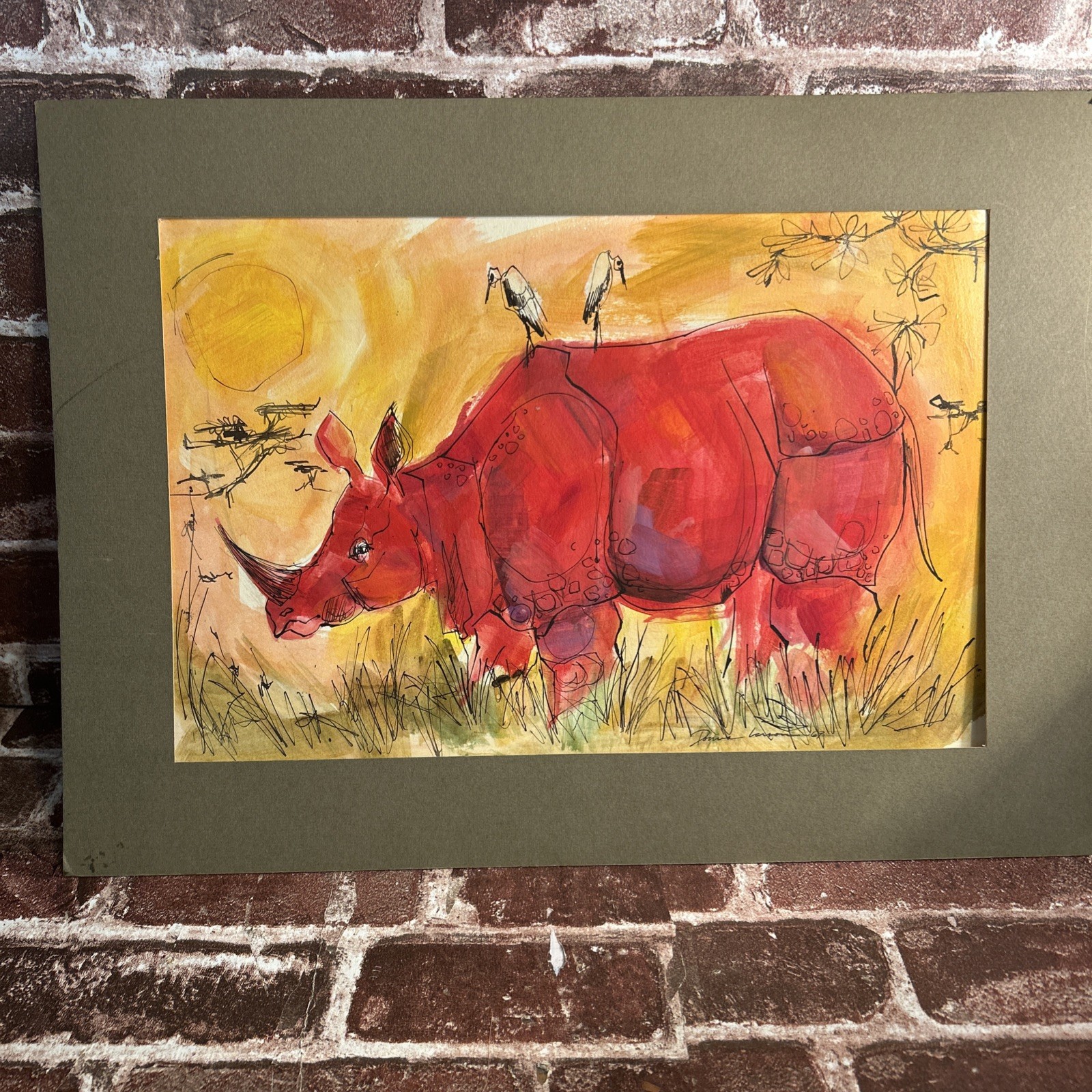 Rhinoceros, Animal, artwork, Handmade, Drawing Signed, On Art Board Larson