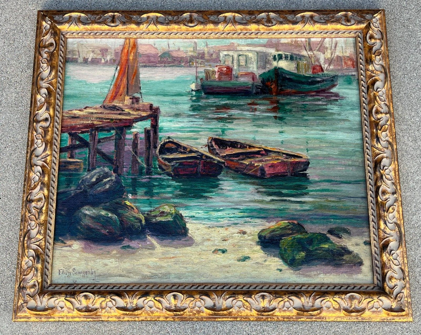 Vintage EDITH SOWERSBY(1875-1959) «Harbor Scene» Original Oil Painiting on Board
