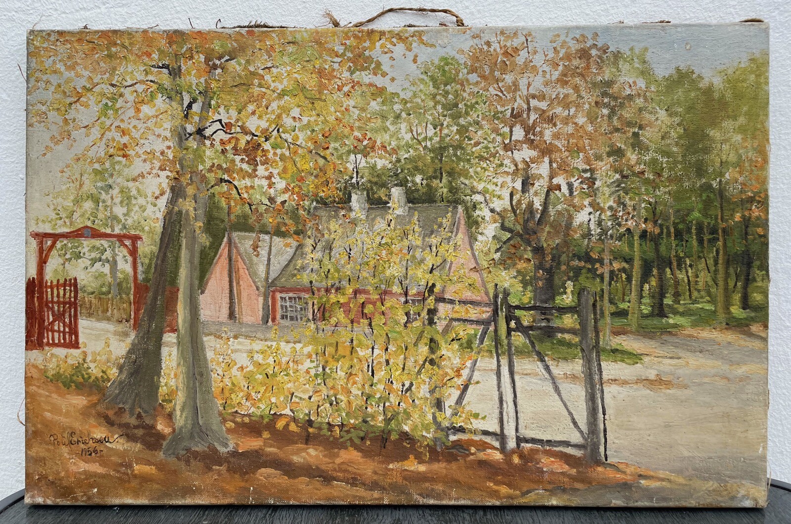 Impressionist Late Summer Landscape with House Farm Red Garden Gate Trees 1956