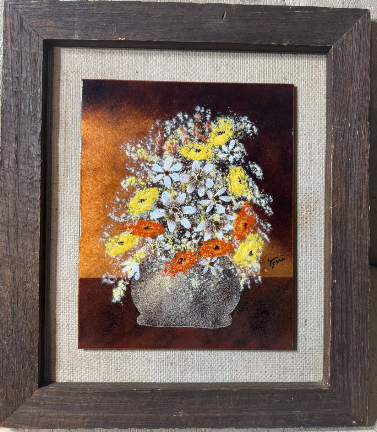Terri Oullette «A Floral Scene» Enamel On Copper Painting – Signed And Framed