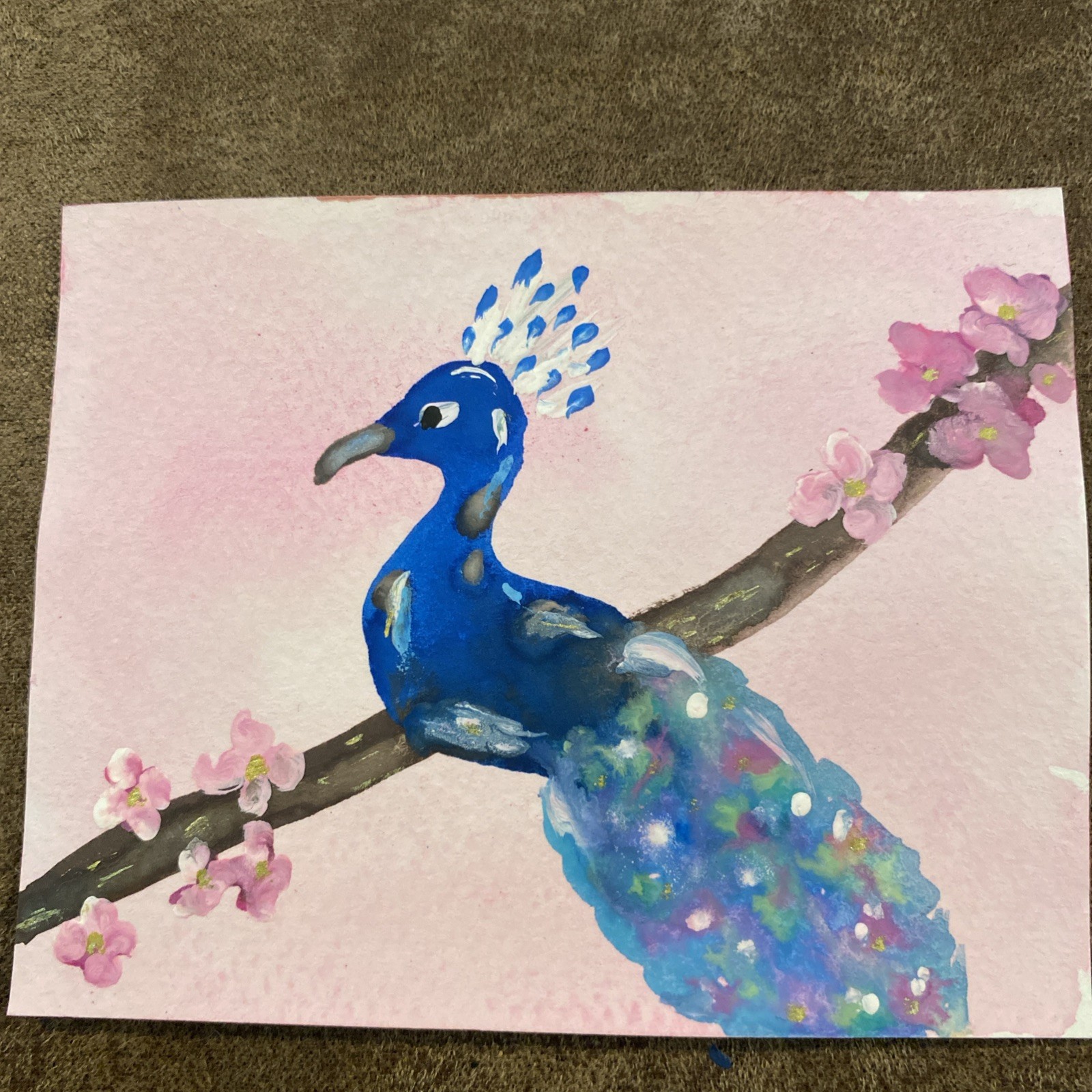 Original ACEO painting Of Blue Peacock On A Branch