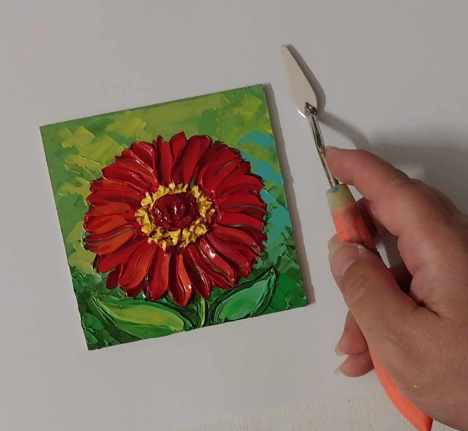 Framed Red Zinnia Art Garden Flowers Art 4×4 inch Impasto Oil Painting Original