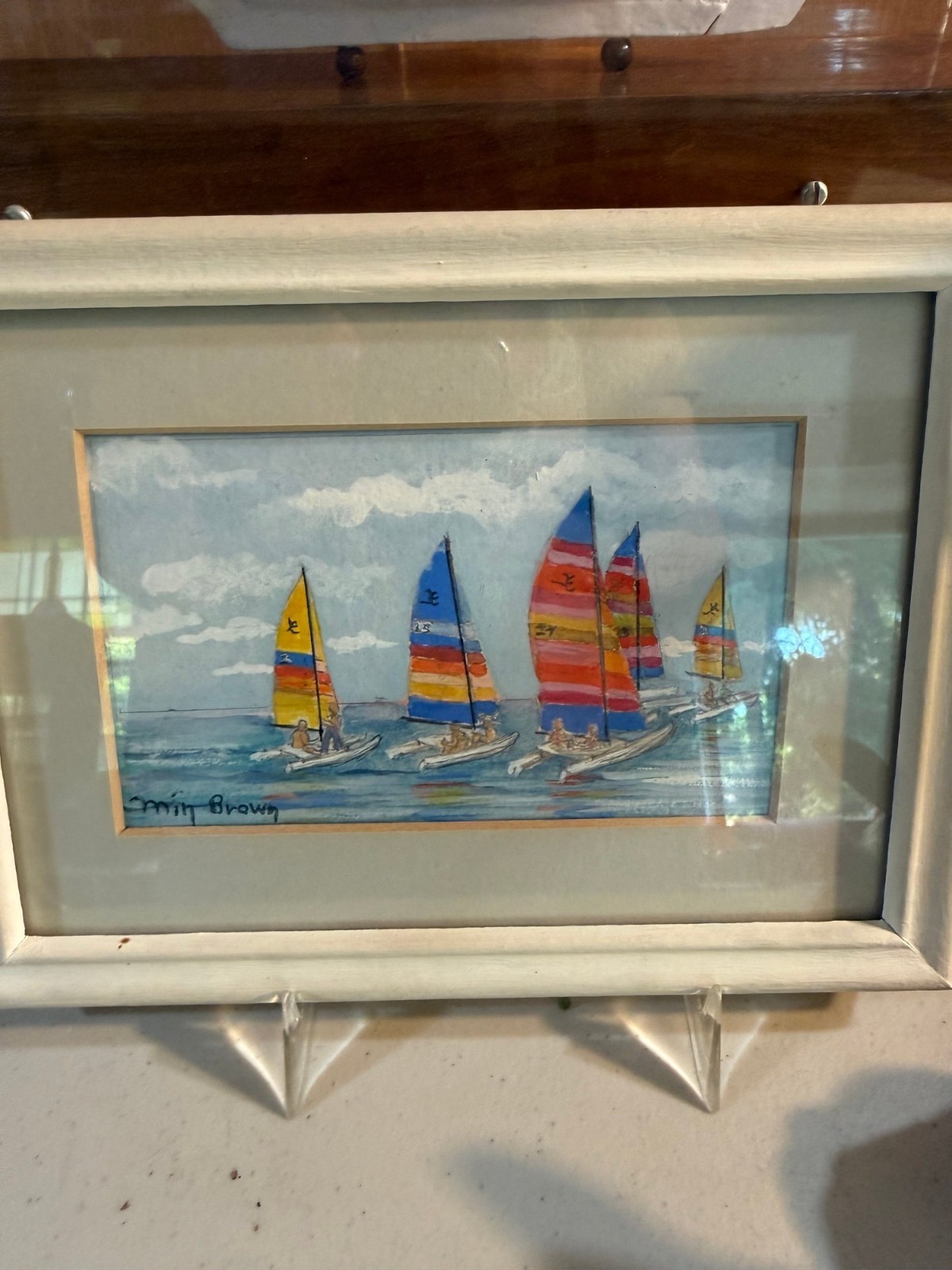 Vintage Sailboat Watercolor Painting Signed Framed Nautical Art Brown