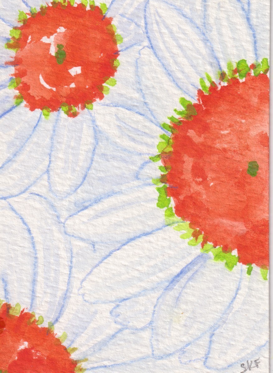 ACEO White Daisy Flowers, Bold Center Original Watercolor Painting