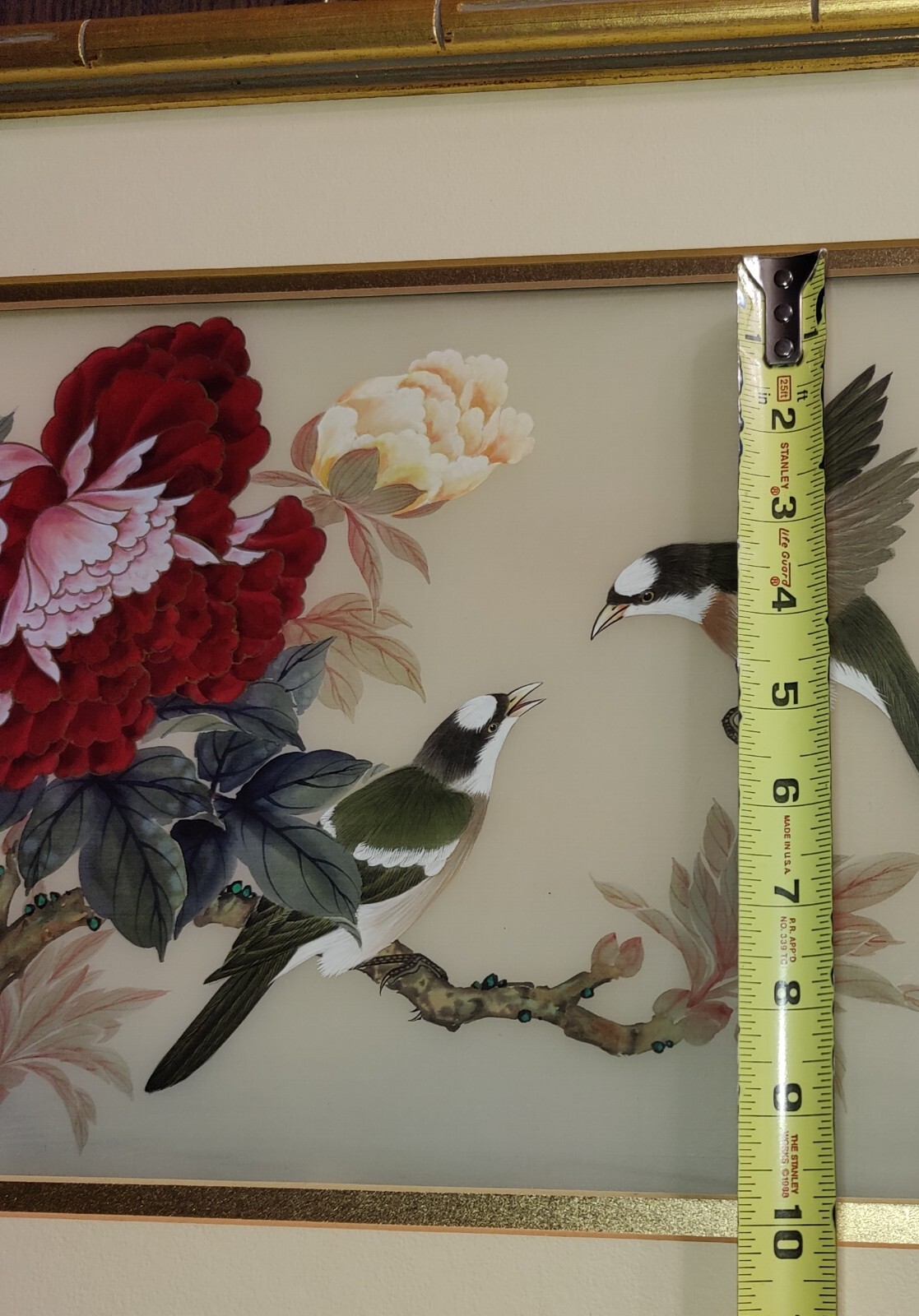 Silk Art Painting Bird Flower Branches Red Pink Gold Green Brown Frame Li Hong