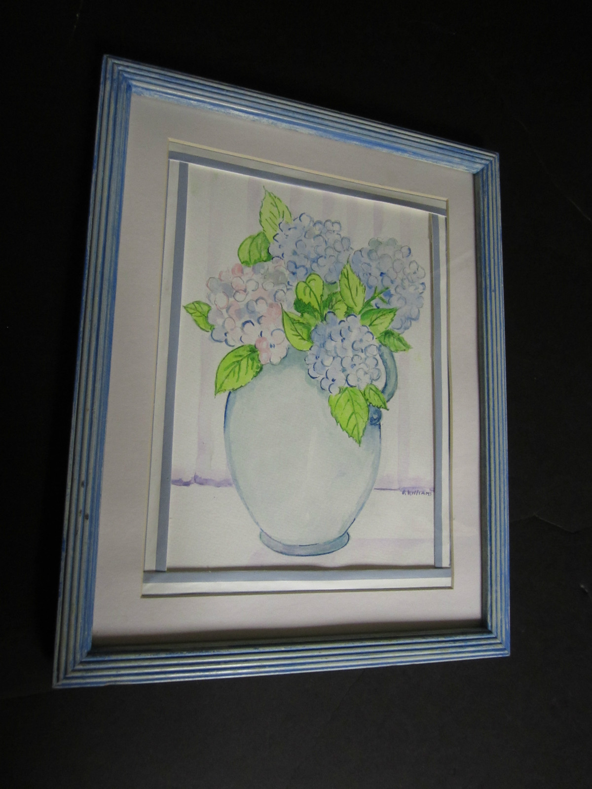 Hydrangeas Original Watercolor Painting 20th c. Art Flowers Floral signed framed