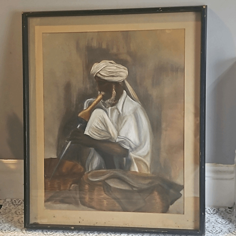 Vintage Indian Snake Charmer DH Feldman Framed Original Painting Wall Art