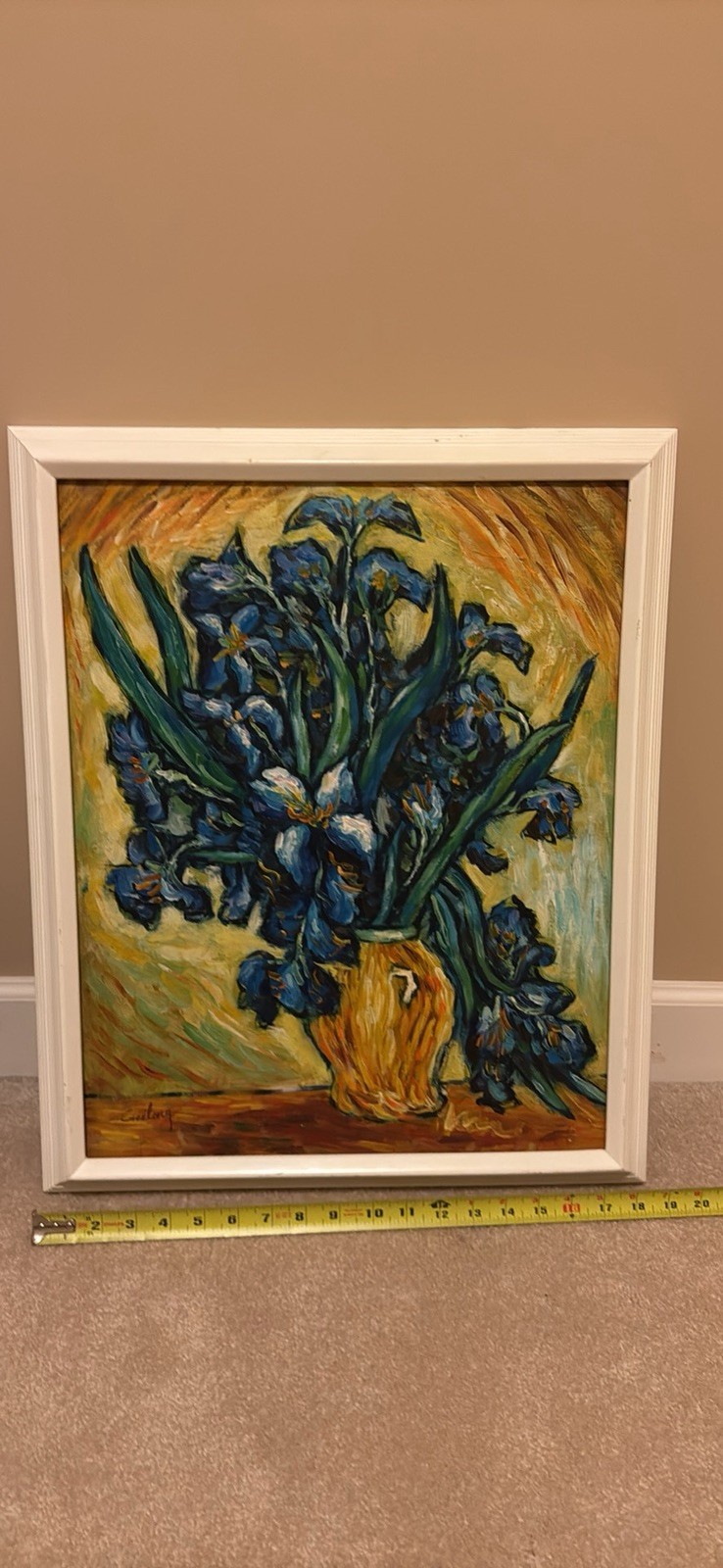 Vase with irises against a yellow backdrop – Original Oil Painting By Geelong