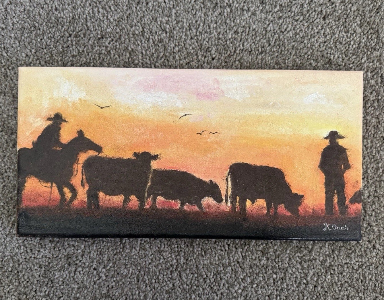 ORIGINAL OIL PAINTING COWBOYS CATTLEMEN SIGNED 7×14
