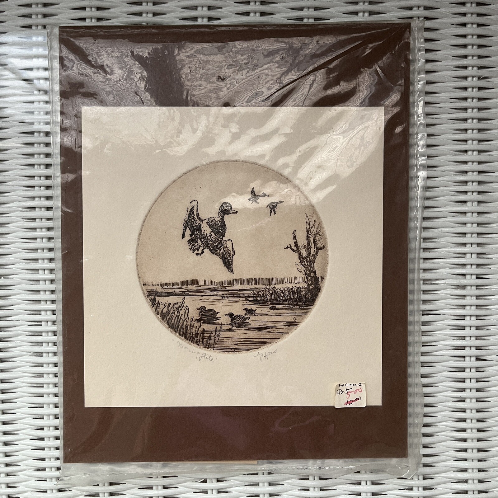 Vintage Original Etching Ducks flying paint «Morning flite», Signed Gifford