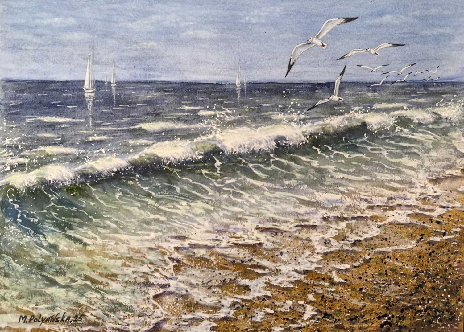 BIRD SEAGULL SEA WAVE Original Art Painting Landscape SUN BEACH Seascape Gift A3