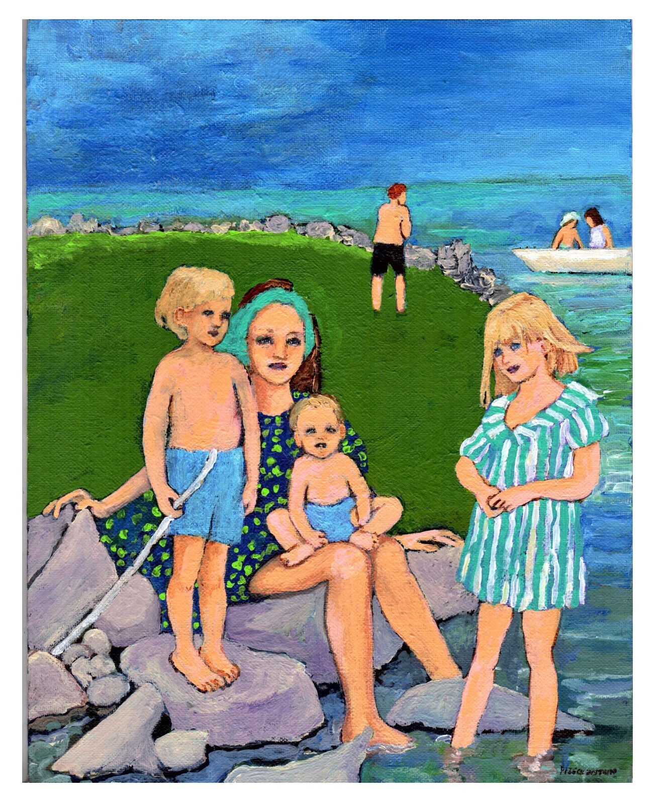 Small ORIGINAL PAINTING blue and green family portrait,summer day at the lake