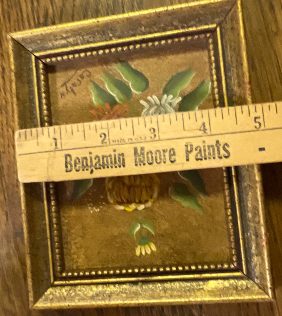 Small Flower Painting Framed Signed Acrylic ? Thistles 4.75X6” Folk art