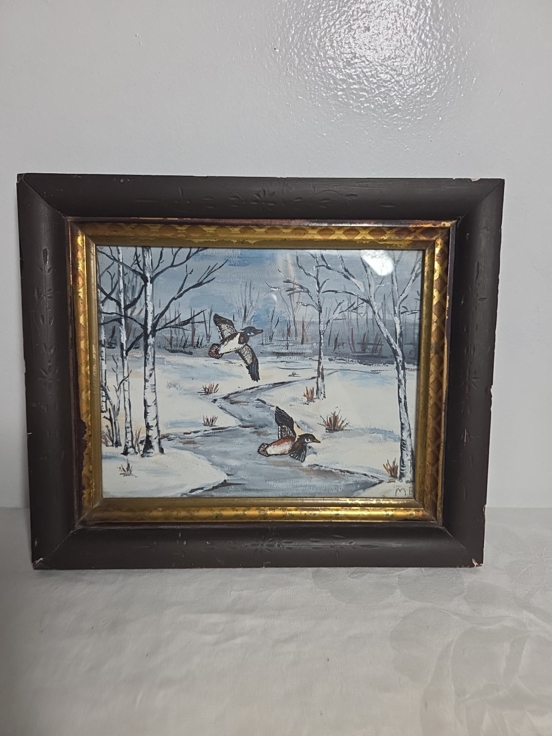 Beautiful Vintage Watercolor Painting Winter Landscape With Ducks