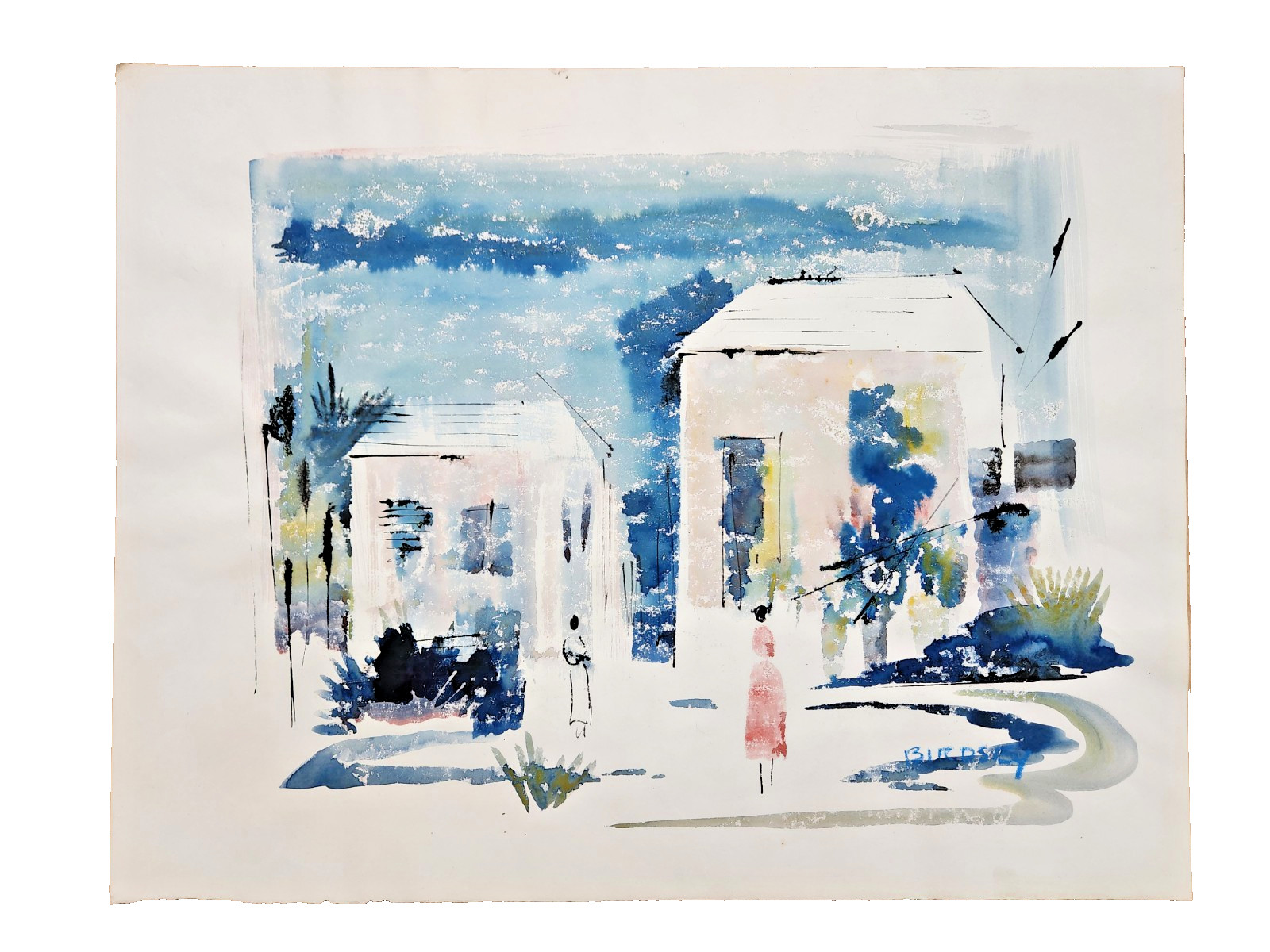 Vintage Alfred Birdsey BERMUDA HOUSES STREET Original Watercolor Painting Singed
