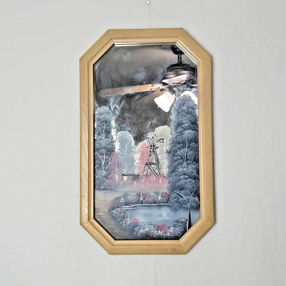 Vintage Original Landscape With Windmill/Trees/ Pond Painted on Mirror Singed