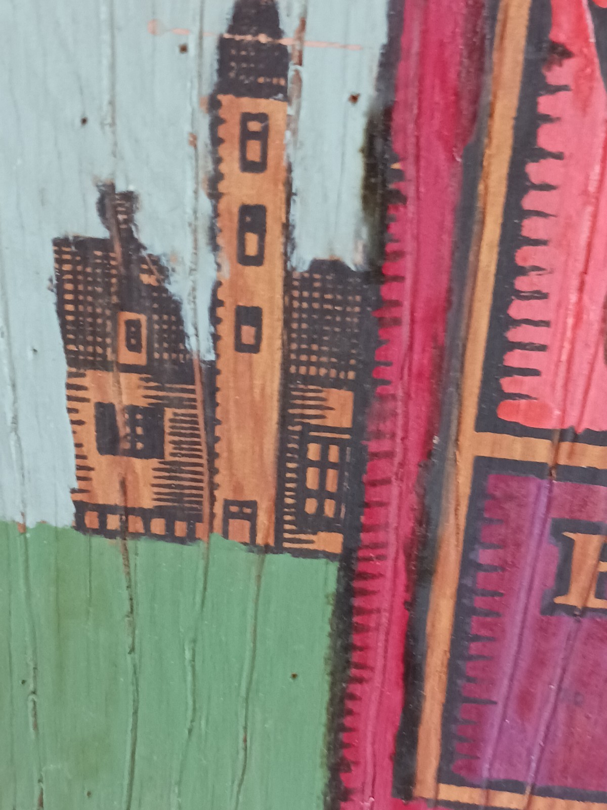 Vintage painting Arts and Crafts style 1900-1915 Red Coach Inn 1770 with coach