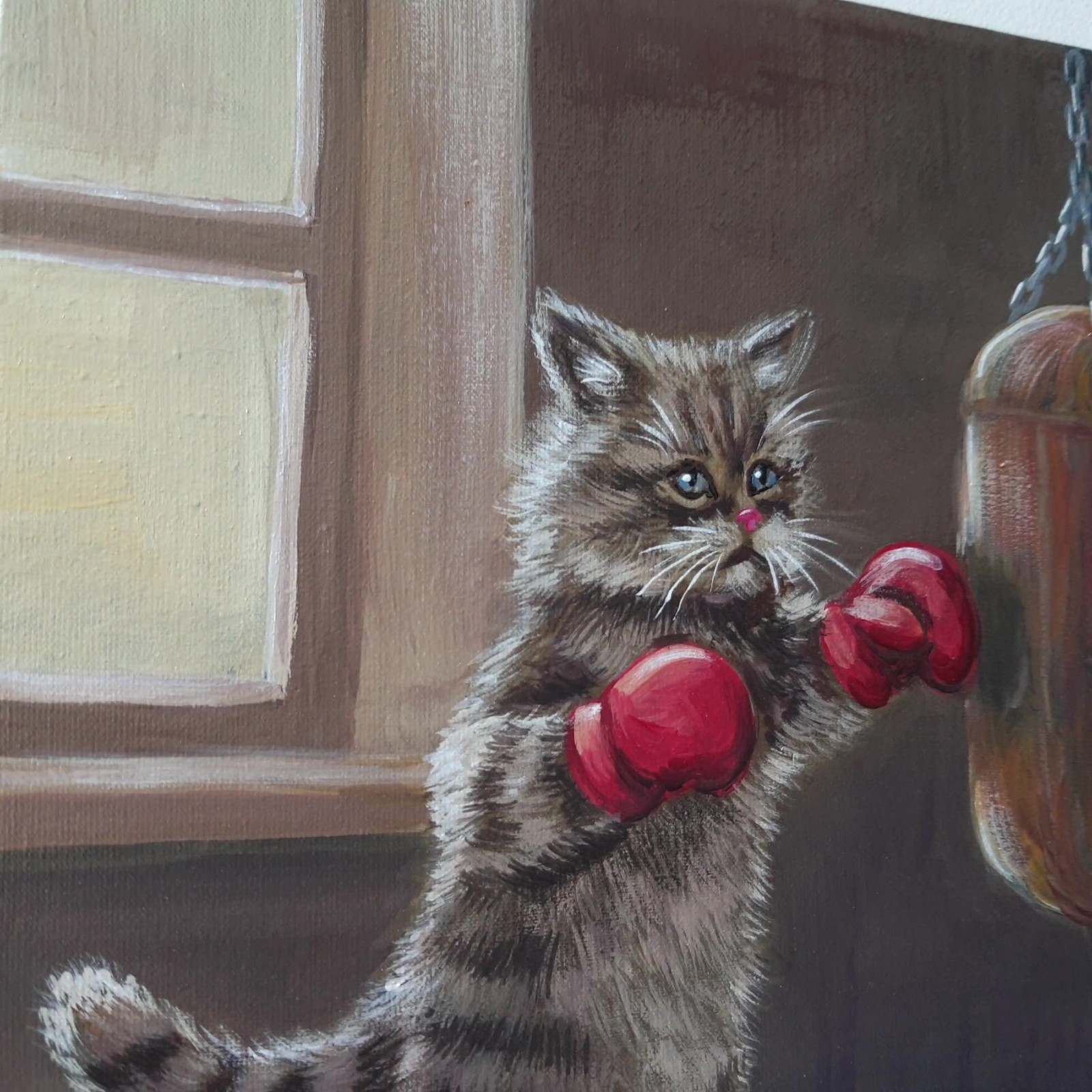 Funny Cat Boxing Oil Painting Original Animal Art Canvas Cute Kitten 10×10