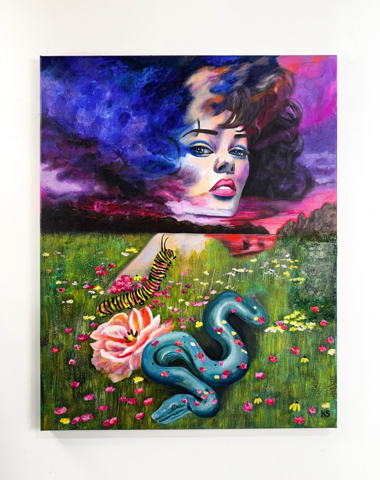 “Frolic” Acrylic And Oil On Canvas 16”x20” Painting Woman Animals Snake