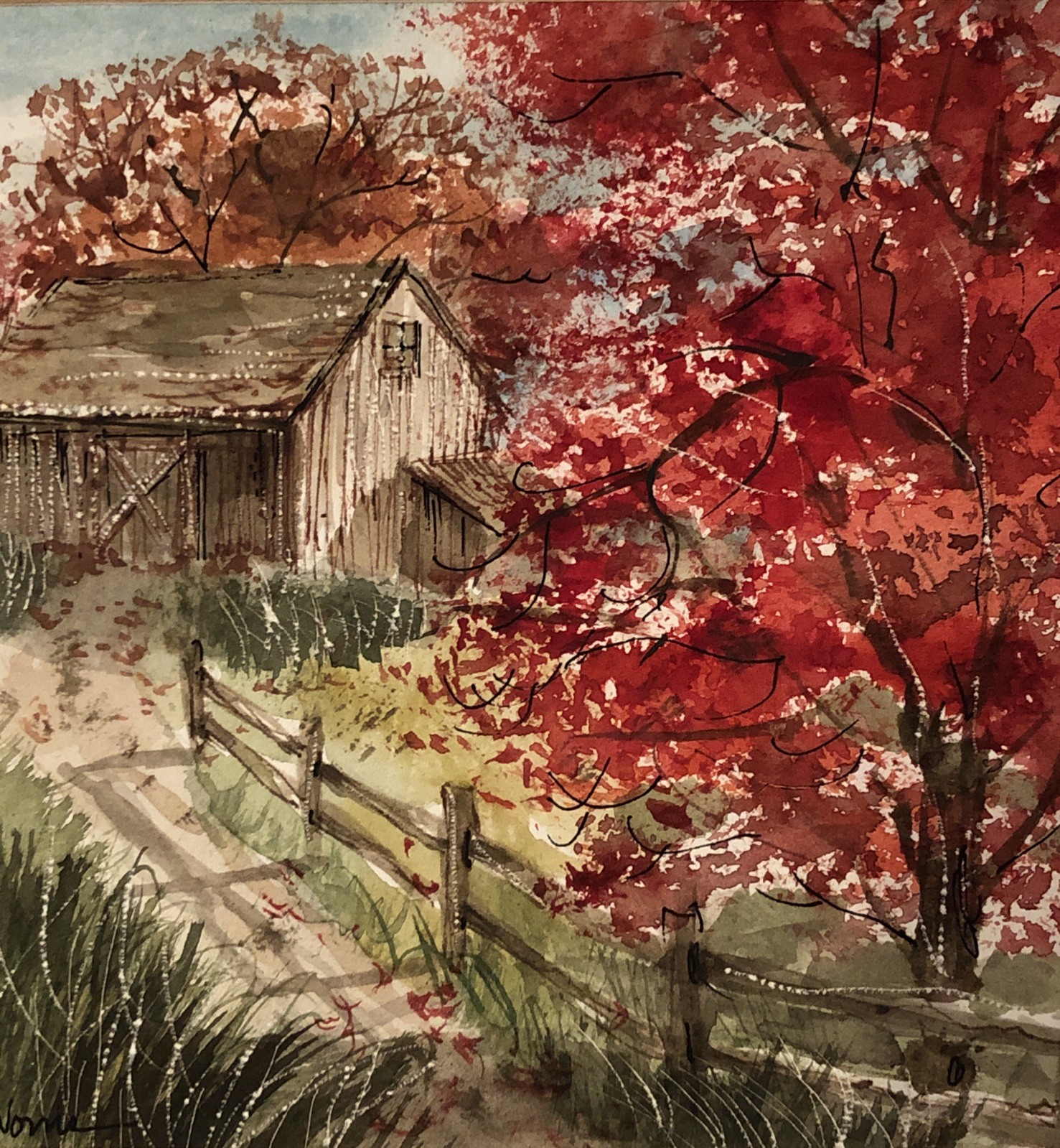 Vintage Original Watercolor Painting Signed B. Norris Bucolic Rural Barn 5×5”