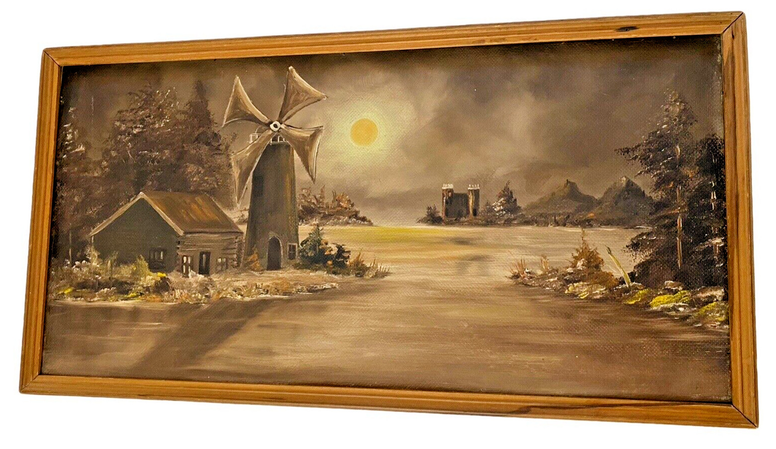 Original Art Painting Netherlands Windmill Castle Dutch Vintage Wood Frame 13×25