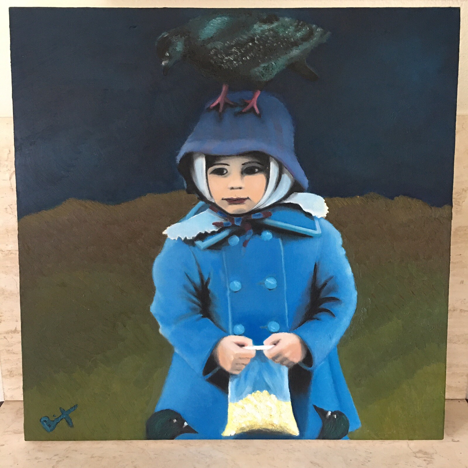 Vintage Blue Girl Portrait Feeding Birds Seed Oil Outsider Art Impressionism