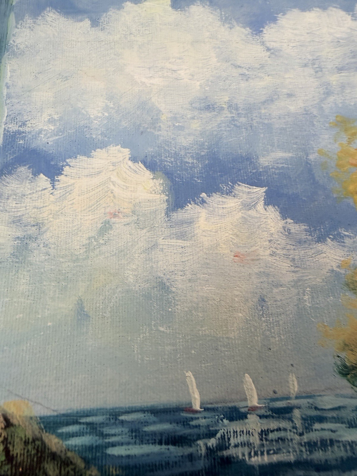W. Brandt Signed Framed Impressionist Seascape Sailboats Patio Flowers Canvas