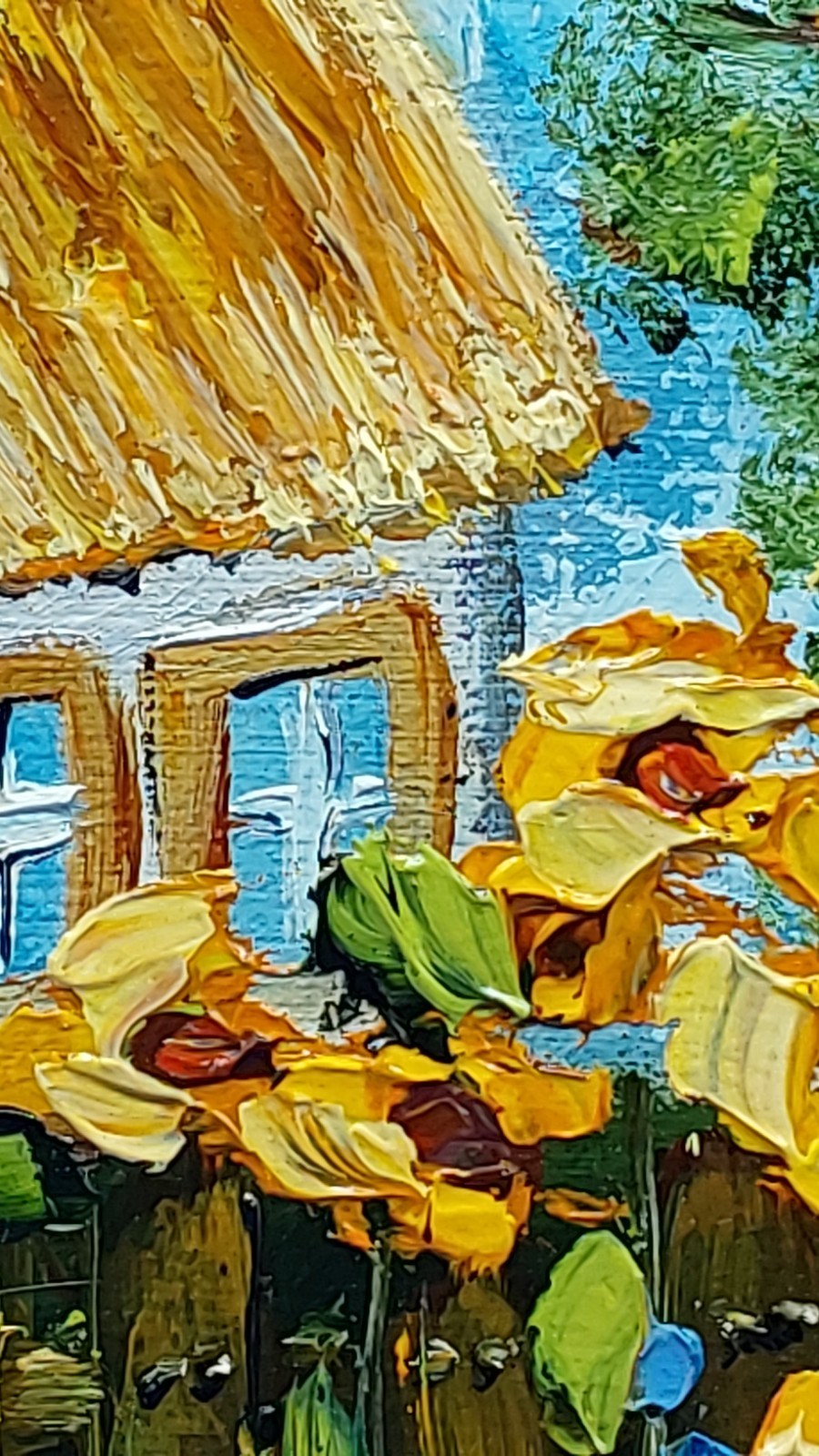 Original Rustic Cottage Painting with Sunflowers, Farm Art, Oil on Canvas 7×8 in