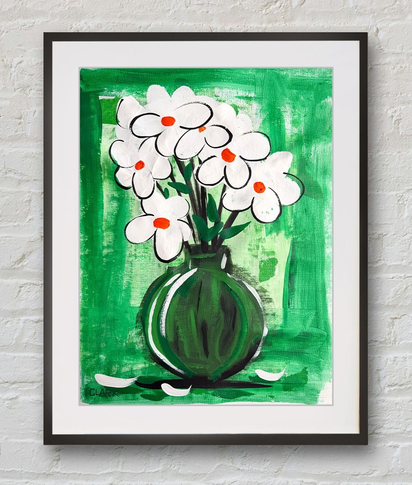Original «White & Green Flowers – Set 1″ – Acrylic Painting 16×12» Canvas Paper