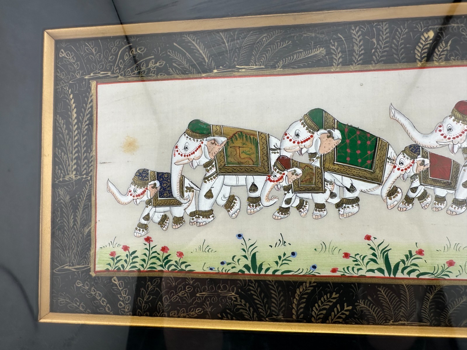 Framed Indian Miniature Elephant Procession Painting Silk Art Gold Frame 17 In