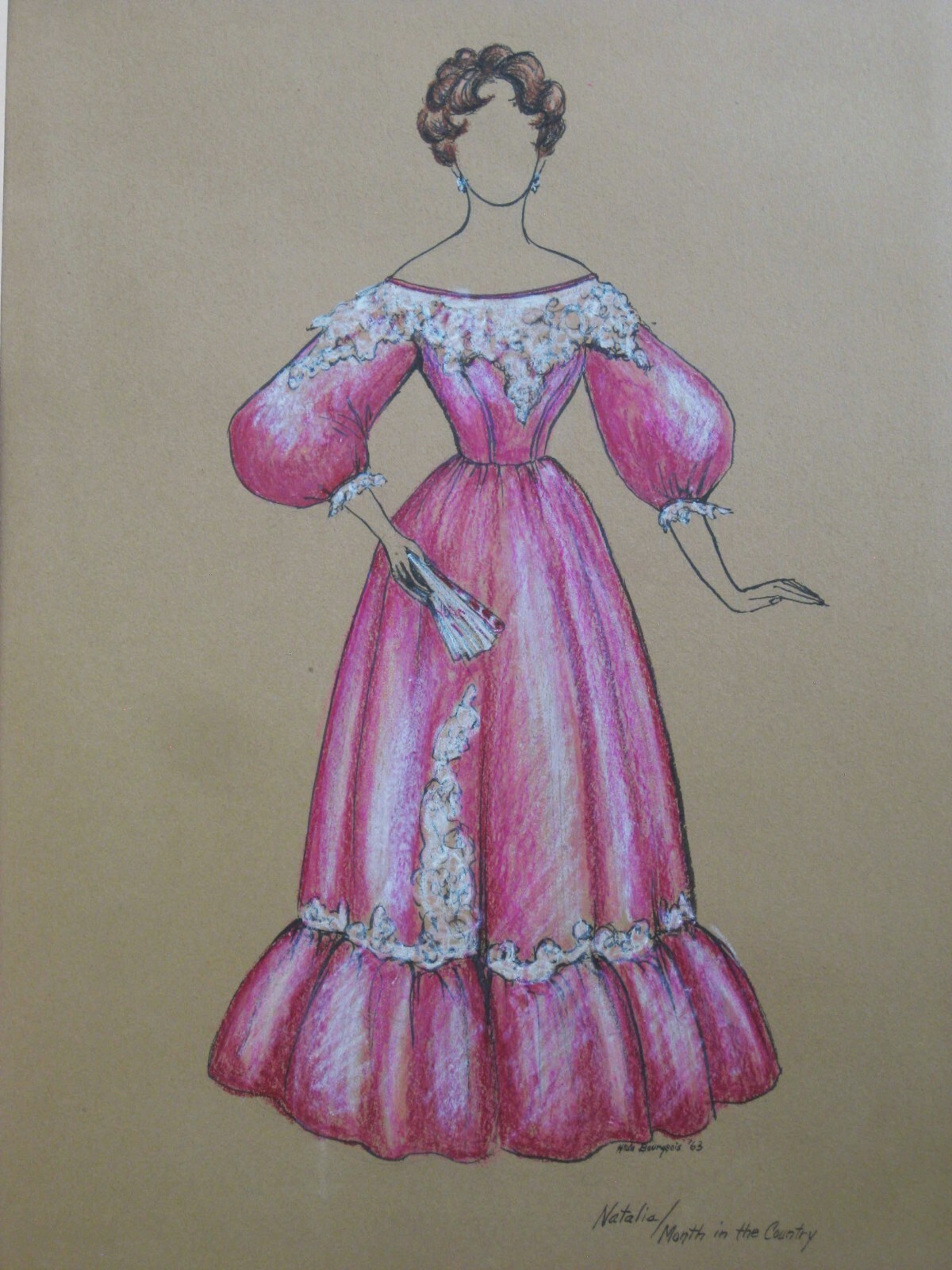 Female Portrait Fashion Illustration, Original Vintage Costume Design Wall Art