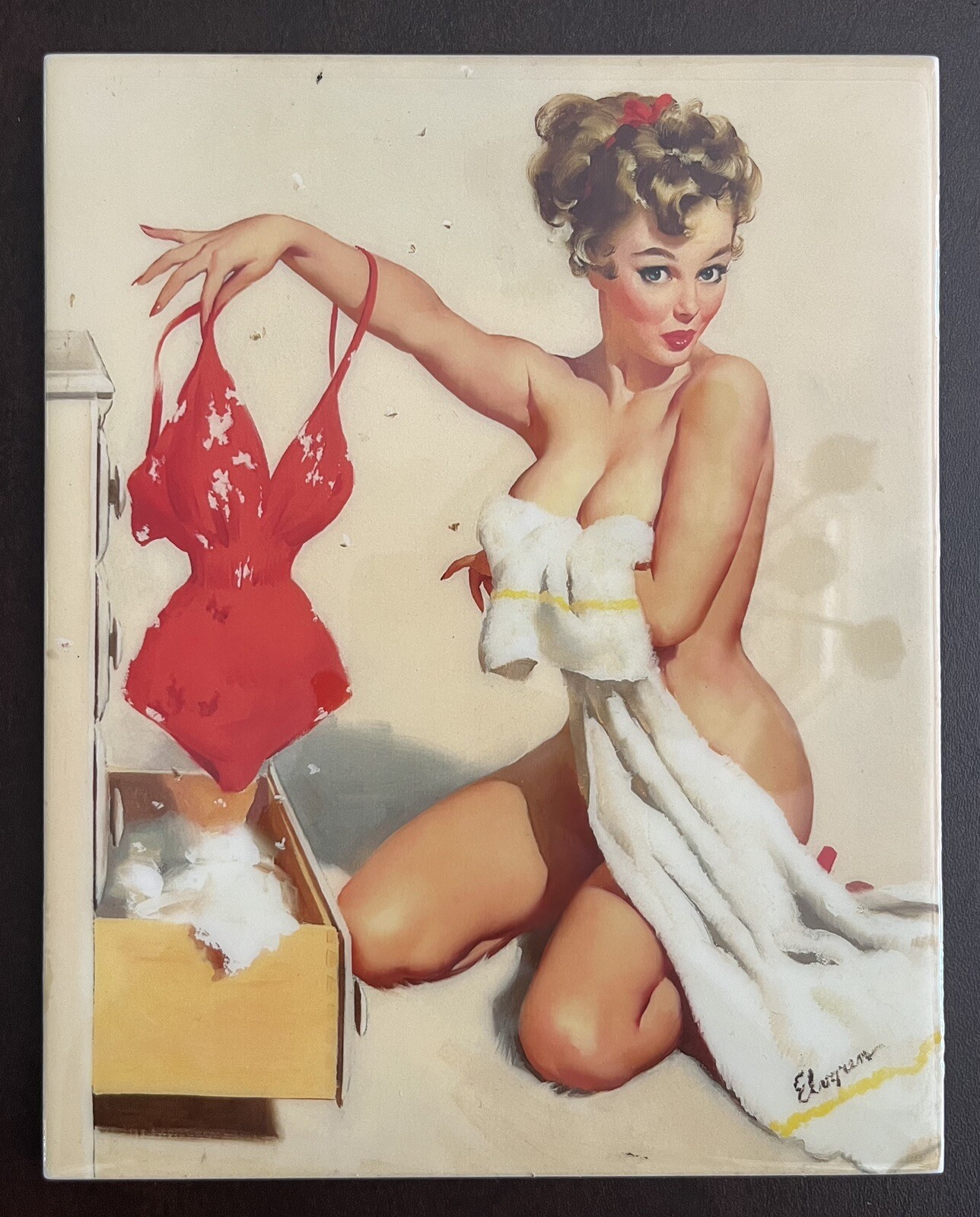 KPM STYLE PAINTING ON PORCELAIN PLAQUE A RED LINGERIE SIGNED BY GIL ELVGREN