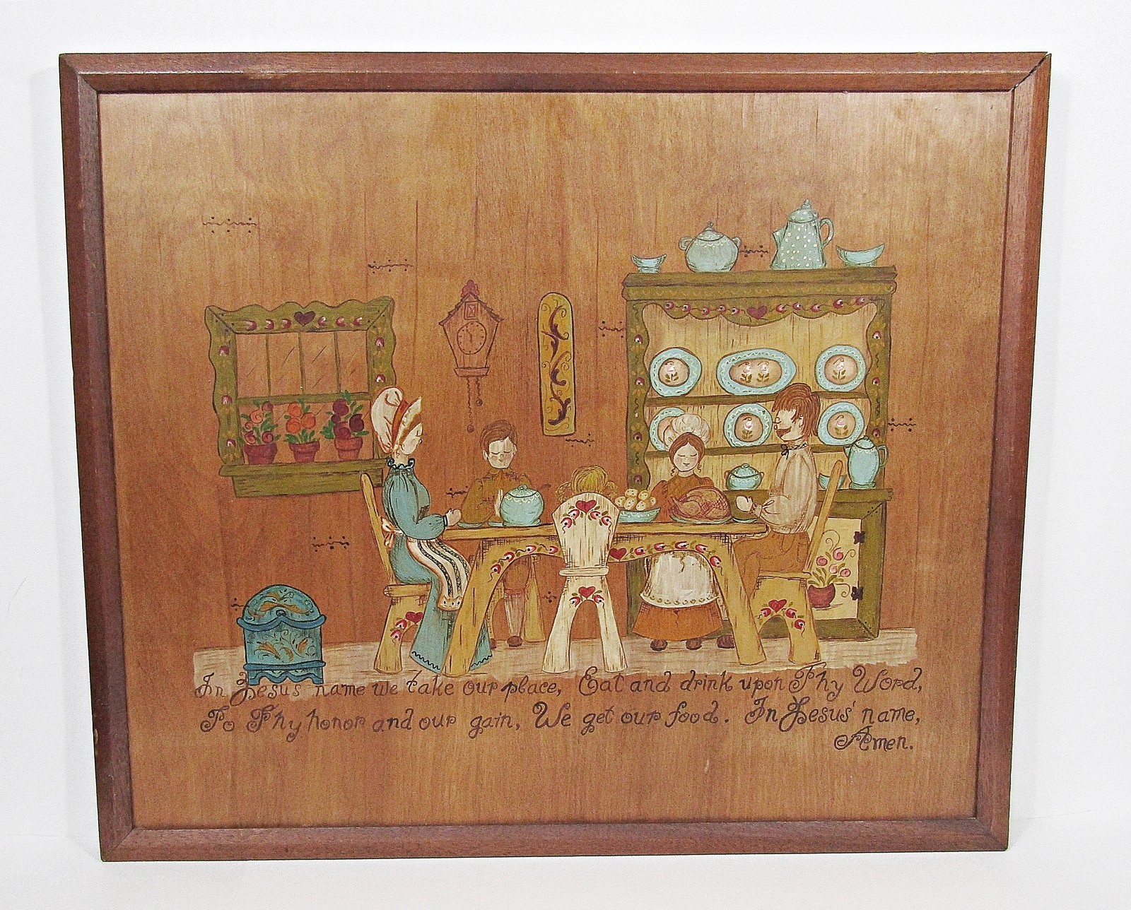 Vintage Hand-Painted Folk Art Wood Plaque Kitchen Prayer Scene Mid Century
