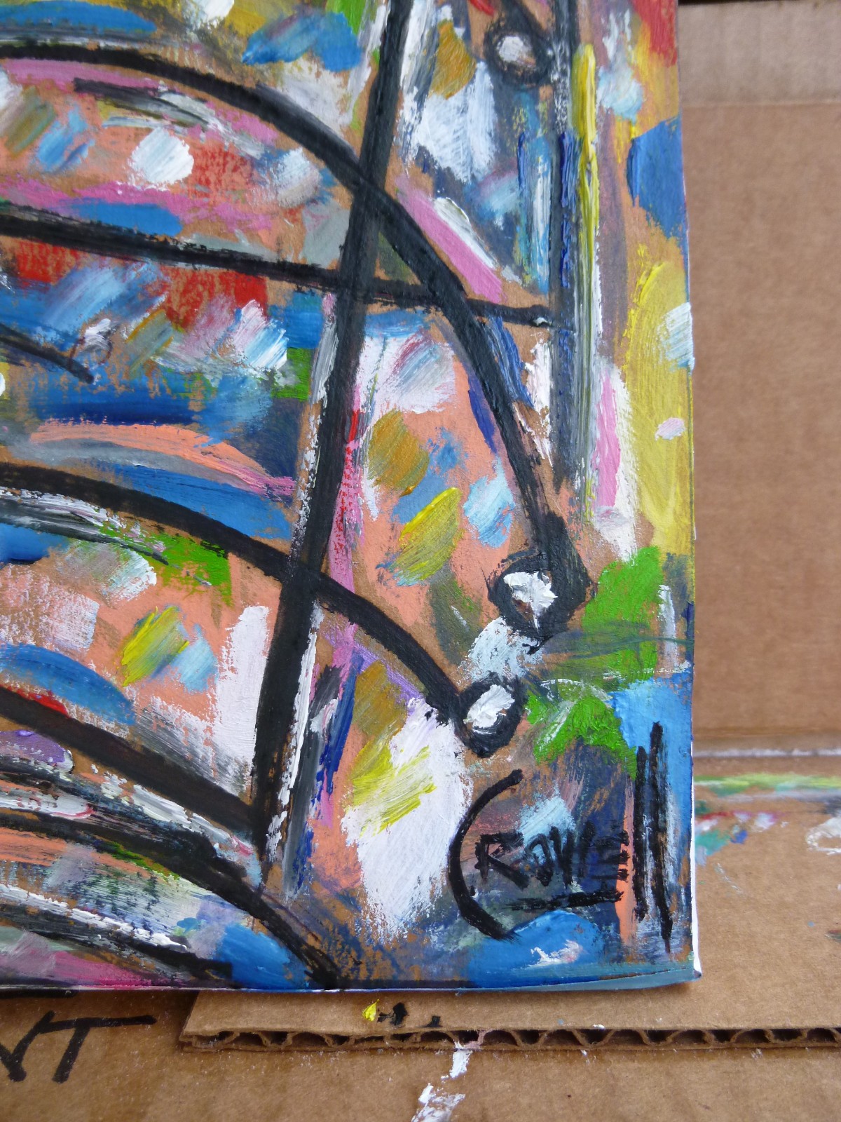 LAUGHING IN THE RAIN card panel original abstract 8×10 oil painting by Crowell