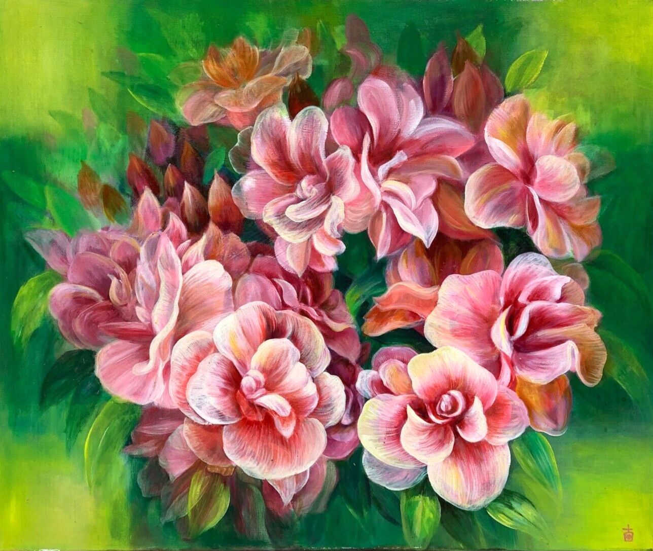 TROPICAL PINK FLOWERS OIL PAINTING ASIAN CHINESE JAPANESE SIGNED ORIGINAL FLORAL